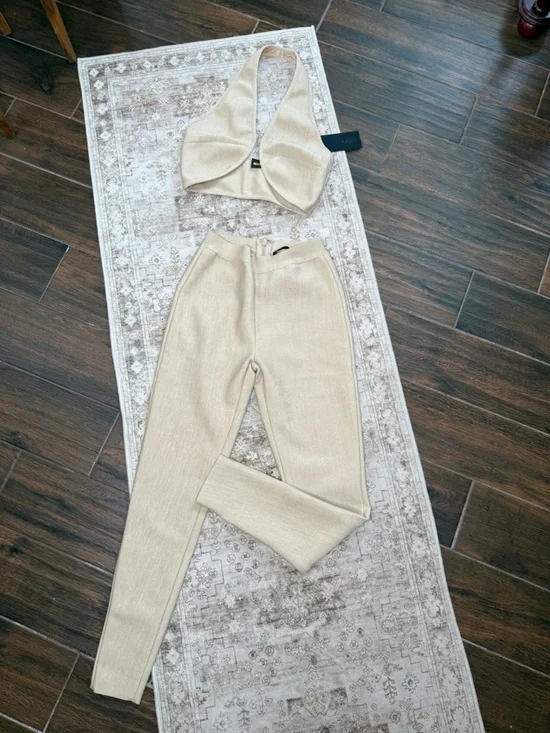 Fashion nova Beige Ribbed Knit Halter Top & Pants Set - Picture 1 of 4